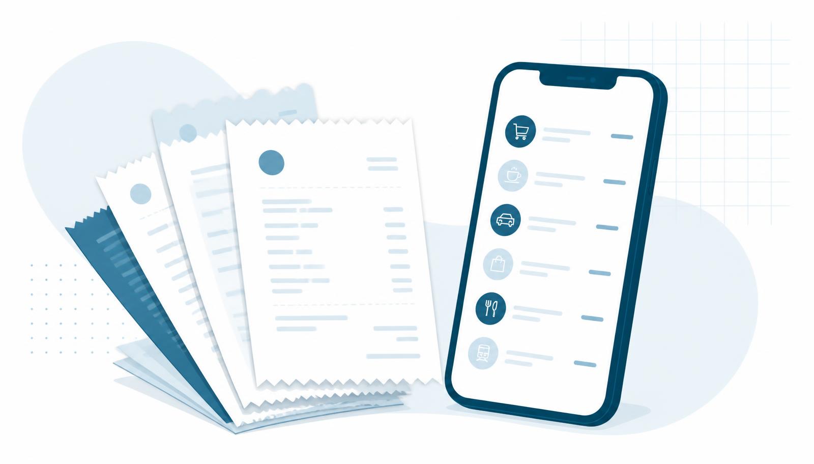 Illustration in teal and deep blue of a neat stack of paper receipts lying beside a smartphone, whose screen shows a Trakeet expense list with vendor names, dates and amounts on each row
