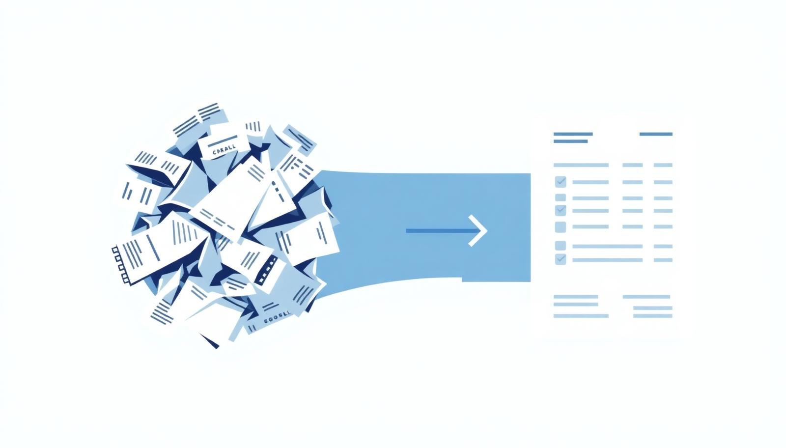 Illustration in blue tones of a scattered pile of crumpled paper receipts on the left flowing through an arrow into a single tidy expense report on the right, its rows marked with checkmarks